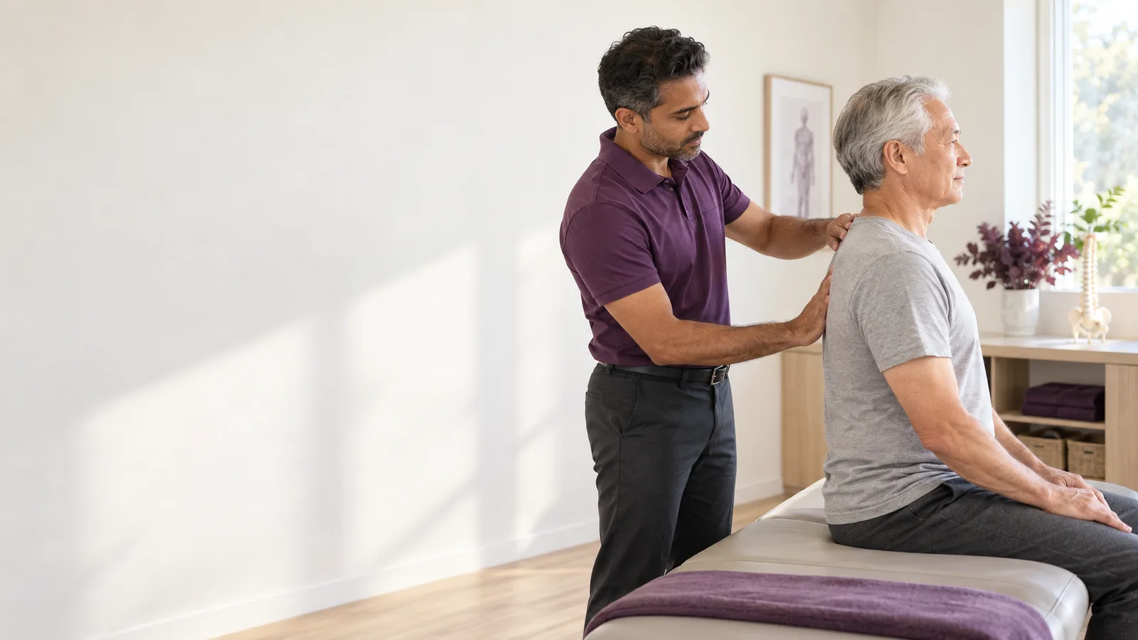 Chiropractor assessing a client's upper back