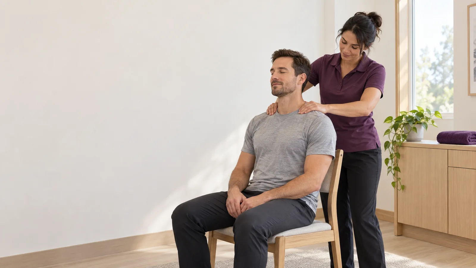 Registered massage therapist treating neck and shoulders