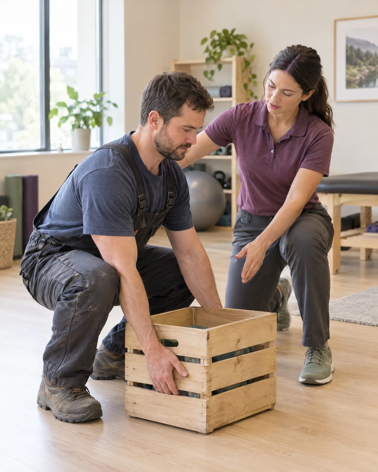 Kinesiologist guiding a worker through a safe lifting technique