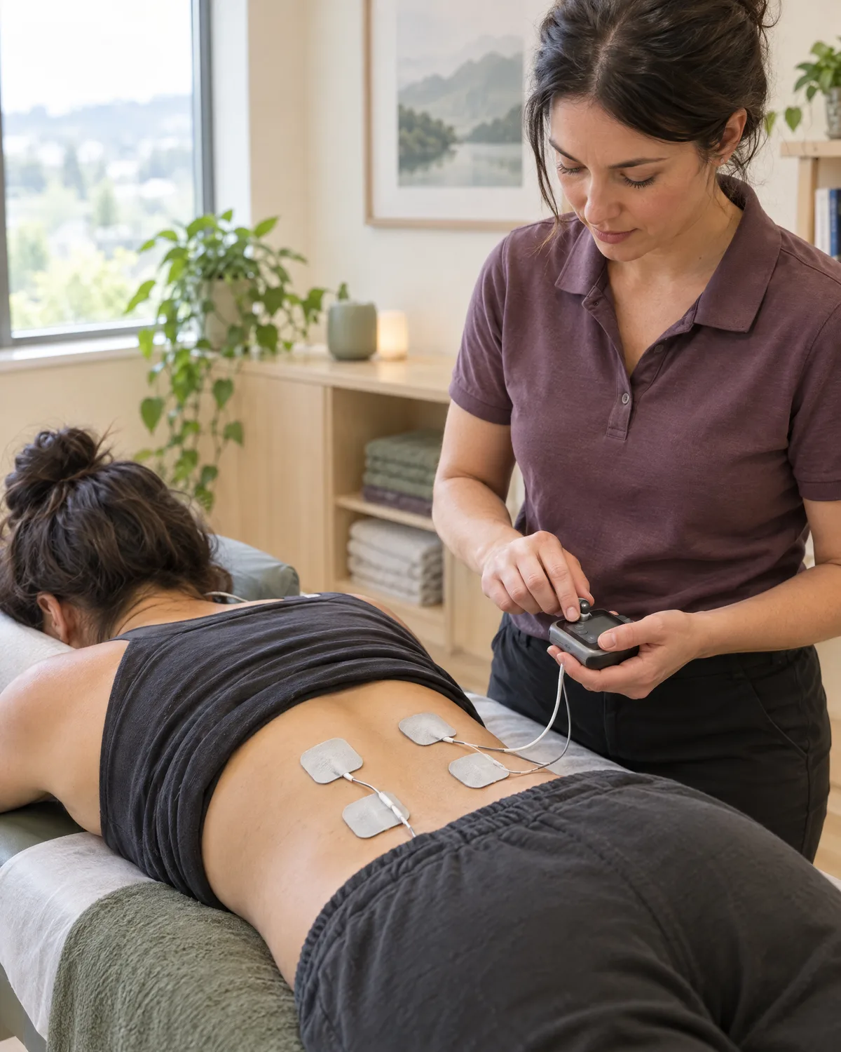 TENS electrode pads on a client's lower back