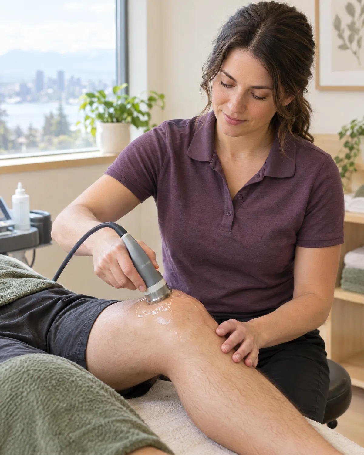 Therapeutic ultrasound applied to a knee